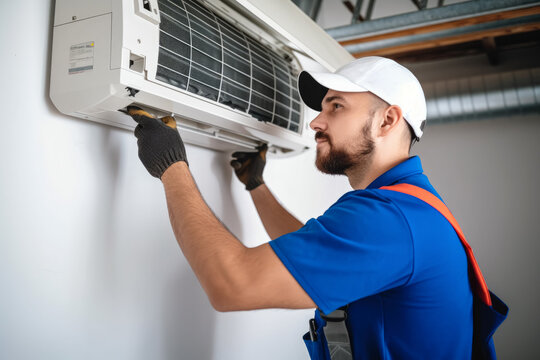 HVAC technician installing a mini split air conditioner in Syracuse