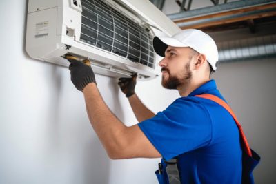 360_F_621046421_Vcay4nYa8ozdeodOQVDfES6MRrC6N3b8 Air conditioning technician servicing a wall-mounted AC unit in Syracuse, UT