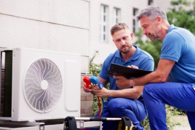 ac-installation-in-claremont-ca HVAC technicians reviewing an outdoor air conditioning unit in Syracuse, UT